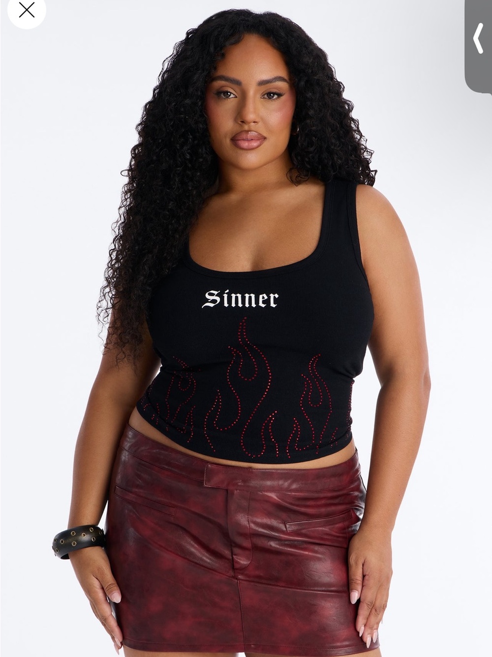 Fashion Nova Black 'Sinner' Tank Top with Red Stud Flame Detail